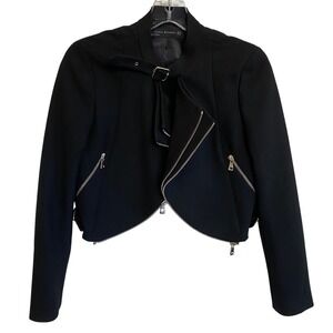 Zara Woman Black Cropped Asymmetric Moto Biker Jacket Edgy Zip XS knit‎